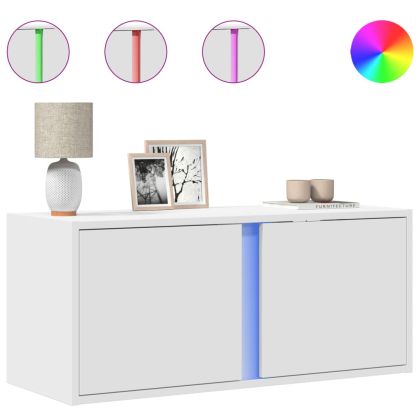 Стенен ТВ шкаф с LED осветление, бял, 80x31x35 см