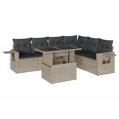 Градински комплект с възглавници, 7 части, светлосив полиратан