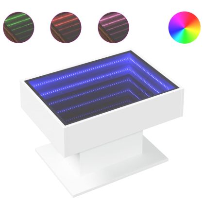 Маса за кафе с LED, бяла, 70x50x45 см, инженерно дърво