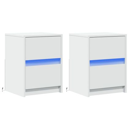 Нощни шкафчета с LED, 2 бр, бяло, инженерна дървесина