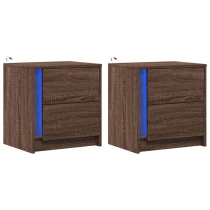 Нощни шкафчета с LED, 2 бр, Кафяв дъб, инженерно дърво