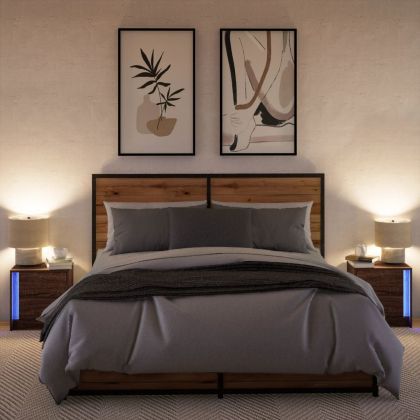 Нощни шкафчета с LED, 2 бр, Кафяв дъб, инженерно дърво