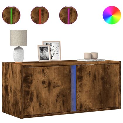 Стенен ТВ шкаф с LED осветление, опушен дъб, 80x31x35 см