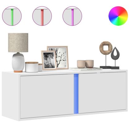 Стенен ТВ шкаф с LED осветление, бял, 100x31x35 см