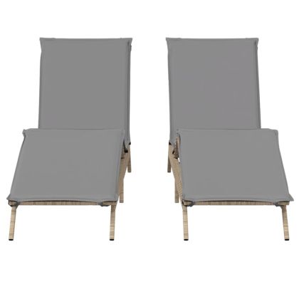 Шезлонги с възглавници, 2 бр, бежови, полиратан