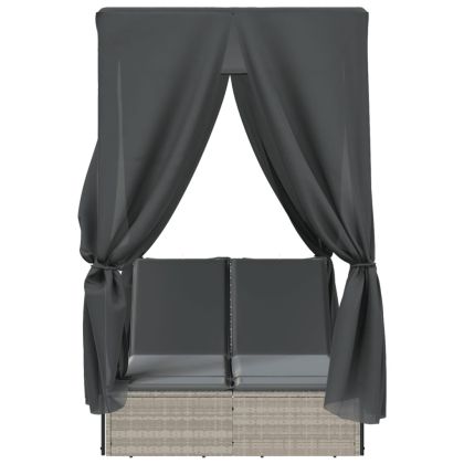 Двоен шезлонг с покрив и завеси светлосив полиратан