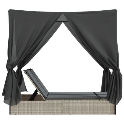 Двоен шезлонг с покрив и завеси светлосив полиратан