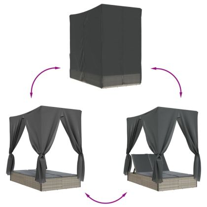 Двоен шезлонг с покрив и завеси светлосив полиратан