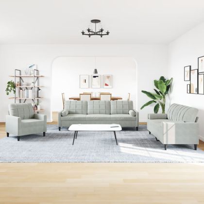 Мека мебел от 3 части с възглавници и болстери светлосив кадифе