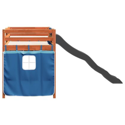 Детско високо легло със завеси, синьо, 80x200 см, бор масив