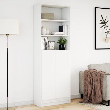 Висок шкаф с LED, бял, 69x32,5x200 см, инженерно дърво