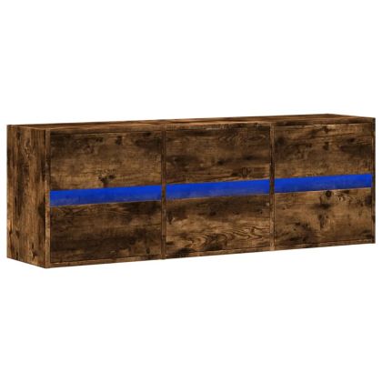 Стенен ТВ шкаф с LED осветление, опушен дъб, 130x31x45 см