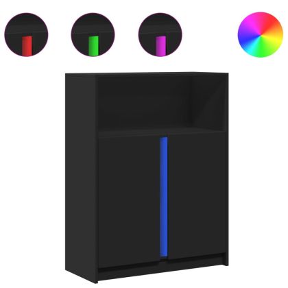 Сайдборд с LED, черен, 77x34x100 см, инженерно дърво