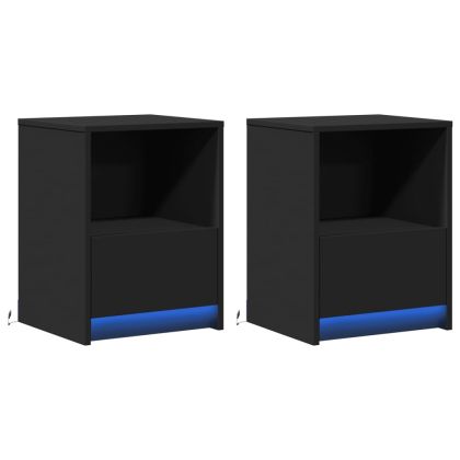 Нощни шкафчета с LED, 2 бр, черно, инженерна дървесина