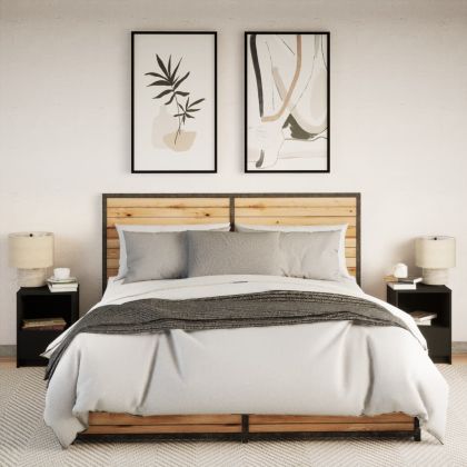 Нощни шкафчета с LED, 2 бр, черно, инженерна дървесина