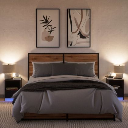 Нощни шкафчета с LED, 2 бр, черно, инженерна дървесина