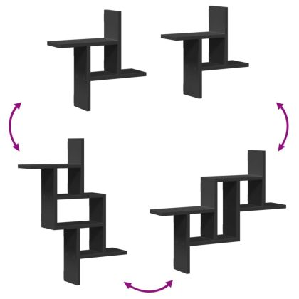 Стенни рафтове, 2 бр, черни, 38x12x38 см, инженерно дърво