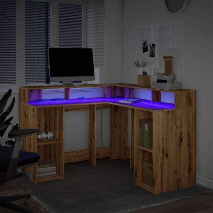 Бюро с LED осветление дъб артизан 130x130x91 см инженерно дърво