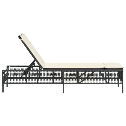 Шезлонг с шалте, черен, полиратан