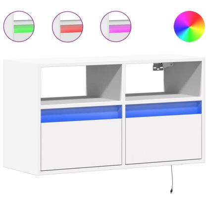 Стенен ТВ шкаф с LED осветление, бял, 80x31x45 см