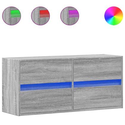 Стенен ТВ шкаф с LED осветление, сив сонома, 100x31x45 см