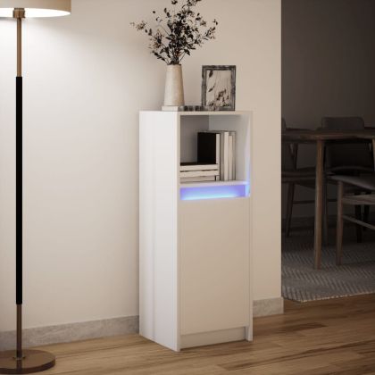 Сайдборд с LED, бял, 38x34x100 см, инженерно дърво