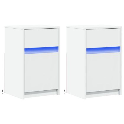 Нощни шкафчета с LED, 2 бр, бяло, инженерна дървесина