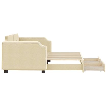 Канапе с изтеглящо легло и чекмеджета кремаво 90x200 см плат