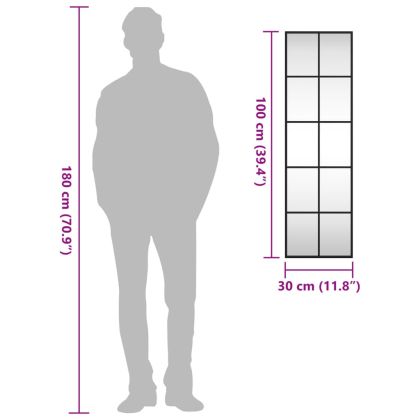 Стенно огледало, черно, 30x100 см, правоъгълно, желязо