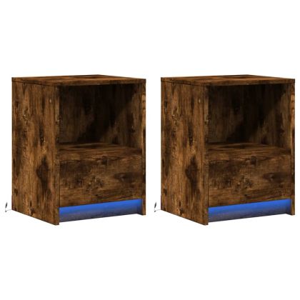 Нощни шкафчета с LED, 2 бр, Опушен дъб, инженерно дърво