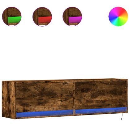 Стенен ТВ шкаф с LED осветление, опушен дъб, 140x31x38 см
