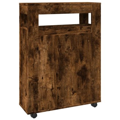 Тесен шкаф за баня с колелца, опушен дъб, инженерно дърво