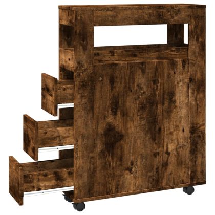 Тесен шкаф за баня с колелца, опушен дъб, инженерно дърво