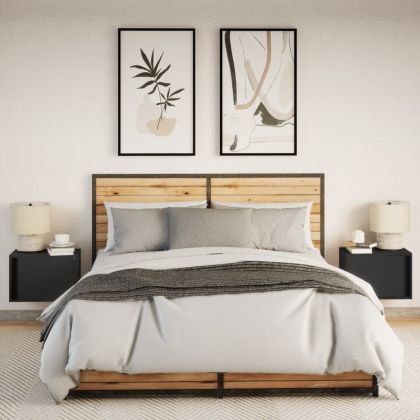 Нощни шкафчета за стена с LED осветление, 2 бр, черни