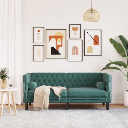 Честърфийлд диван с болстери, 2-местен, тъмнозелен, кадифе