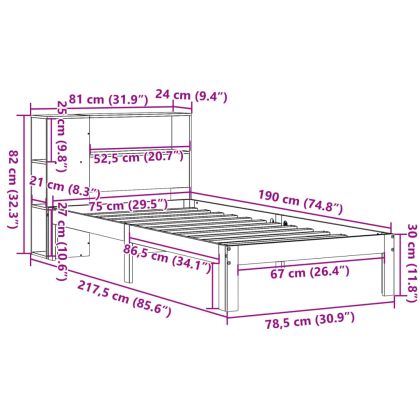 Легло с рафтове за книги без матрак кафяв 90x190 см бор масив