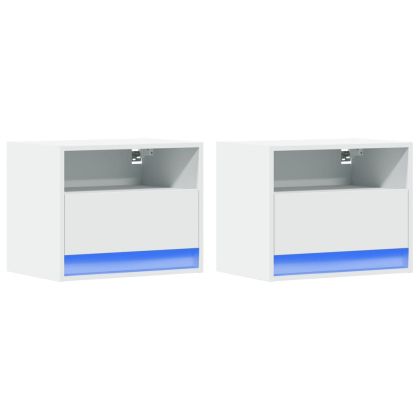 Нощни шкафчета за стена с LED осветление, 2 бр, бели
