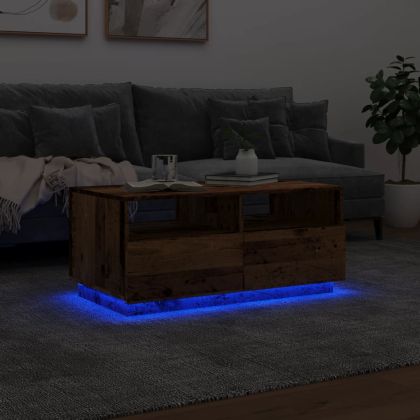 Маса за кафе с LED осветление, старо дърво, 90x49x40 см