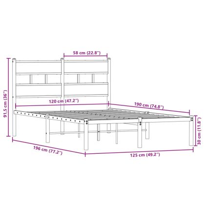 Метална рамка за легло, без матрак, опушен дъб, 120x190 см