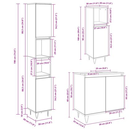 Комплект шкафове за баня от 3 части дъб сонома инженерно дърво