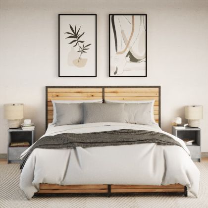 Нощни шкафчета с LED, 2 бр, бетонно сиво, инженерна дървесина