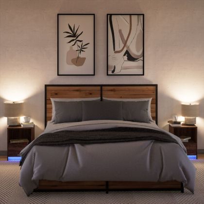 Нощни шкафчета с LED, 2 бр, Кафяв дъб, инженерно дърво