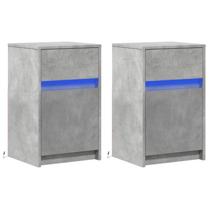 Нощни шкафчета с LED, 2 бр, бетонно сиво, инженерна дървесина