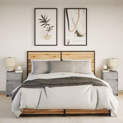 Нощни шкафчета с LED, 2 бр, бетонно сиво, инженерна дървесина