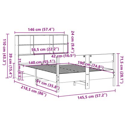 Легло с етажерка за книги, без матрак, 140x190 см, бор масив