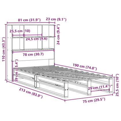 Легло с етажерка за книги, без матрак, 75x190 см, дърво масив