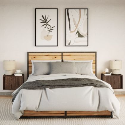 Нощни шкафчета за стена с LED осветление, 2 бр, кафяв дъб