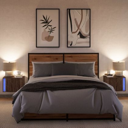 Нощни шкафчета за стена с LED осветление, 2 бр, кафяв дъб