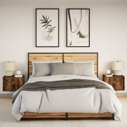 Нощни шкафчета за стена с LED осветление, 2 бр, опушен дъб