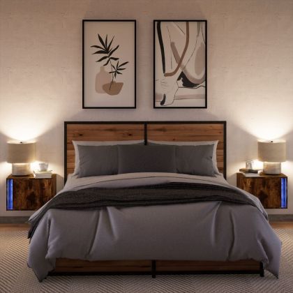 Нощни шкафчета за стена с LED осветление, 2 бр, опушен дъб